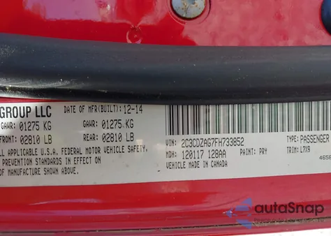 2015 Dodge Challenger Sxt из США, поврежденный, VIN 2C3CDZAG7FH733852